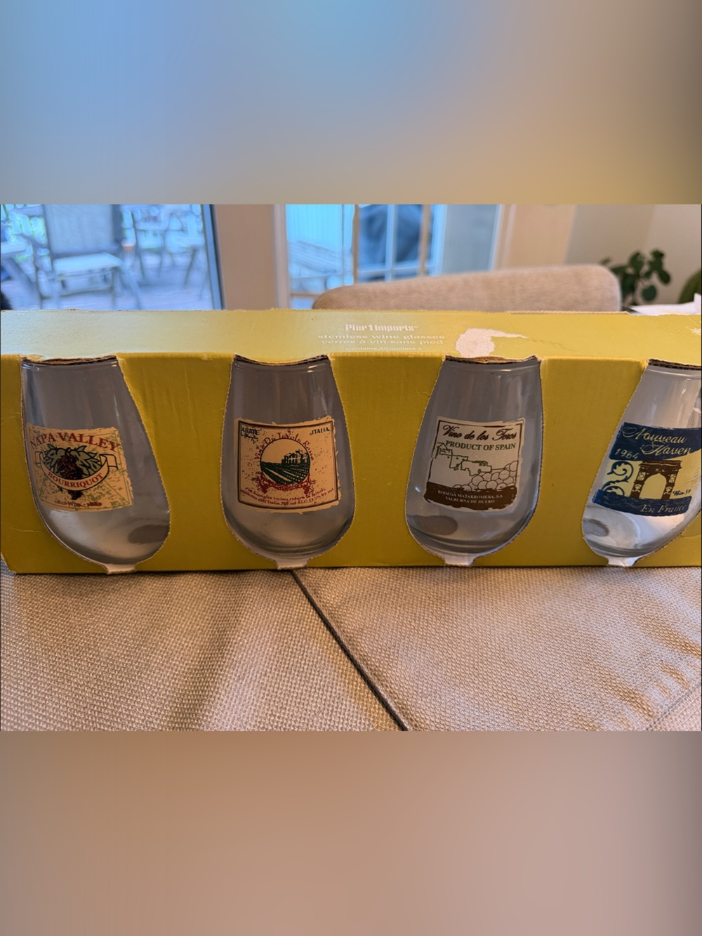 Pier 1 Wine Glasses Set - Yellow Box with Vintage Label Accents